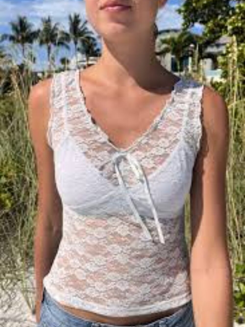Brandy Melville Lace Camisole with Ribbon Tie OS Coquette - Picture 9 of 9